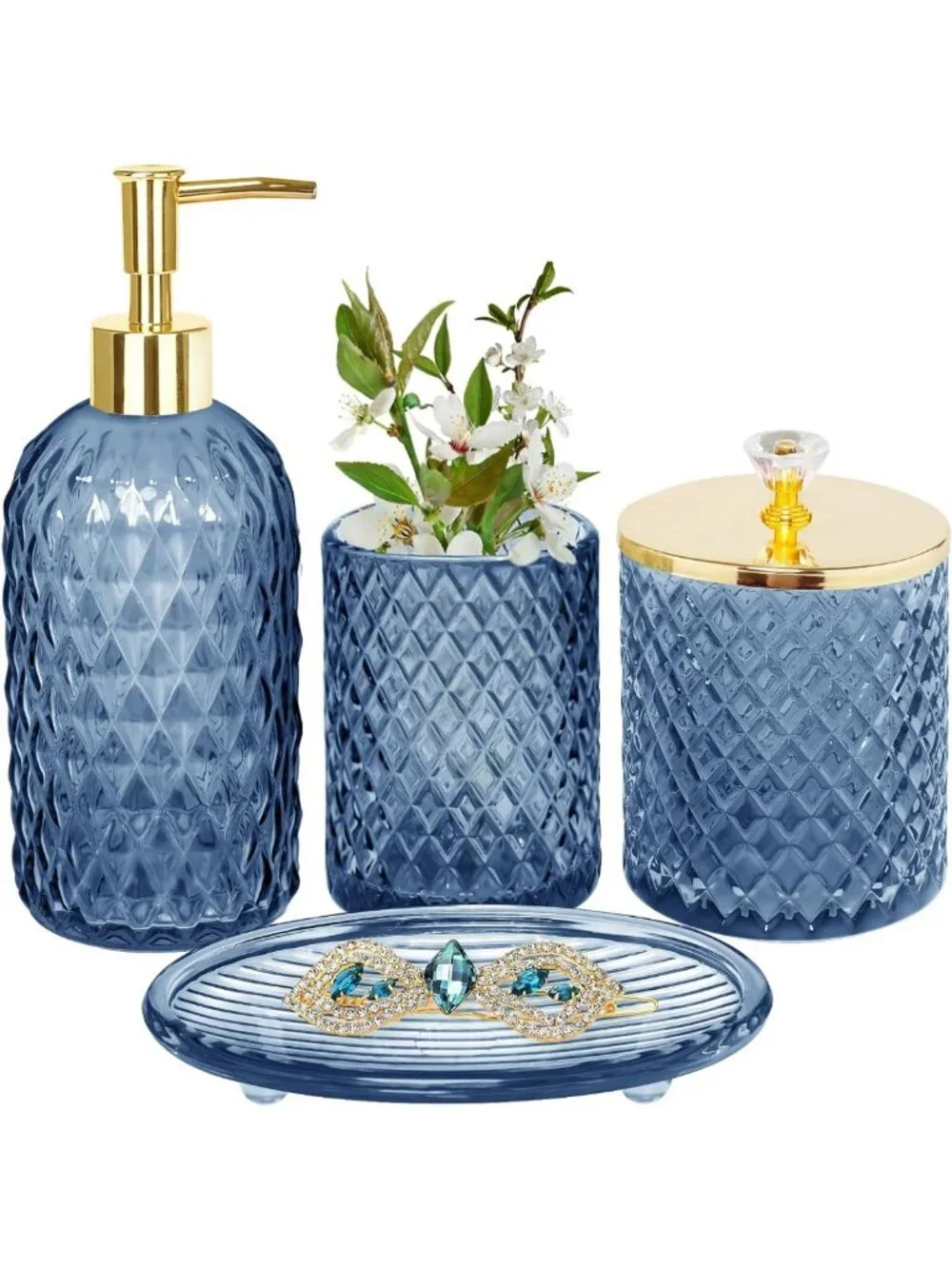 Navy Blue Glass Bathroom Accessories Set - 4 Piece Stylish Decor for Home